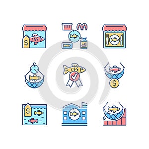 Commercial fishery RGB color icons set