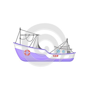 Commercial fishing boat with trawling gear and lifebuoys. Flat vector icon of purple ship. Design for mobile game or