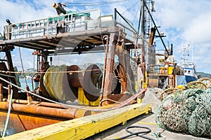 Commercial fishing boats gear and nets moored at Wharf Wellington