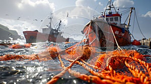 Commercial Fishing Boats on Open Sea with Dynamic Weather, Focus on Nets in Foreground