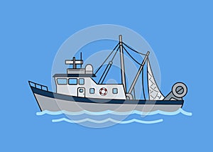 Commercial fishing trawler. Flat vector illustration. Isolated on blue background.