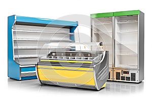 Commercial freezer display case, ice cream showcase and vertical refrigeration cabinet isolated on white background 3d