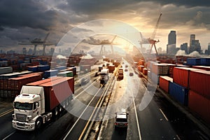 Commercial Freight Transport at Busy Port Terminal. Generative AI