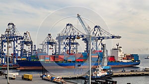 Commercial freight transport. Shipping cargo to harbor by crane. Sea transport International. Container ship in export and import