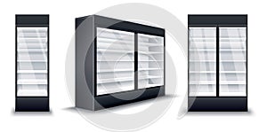 Commercial fridges. Realistic empty refrigerators set. Supermarket commercial freezer equipment. Freeze appliances for