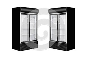 Commercial glass door drink fridge cooler with two display sections mockup isolated on white background.