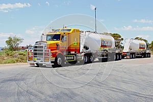 Road train, truck trailer at Stuart highway, Australia