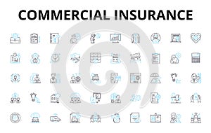Commercial insurance linear icons set. Protection, Liability, Property, Business, Risk, Policy, Coverage vector symbols