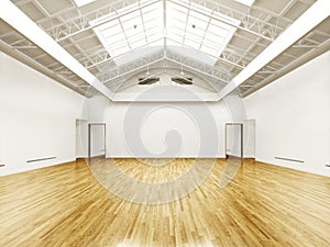 Commercial interior with hard wood floors and skylights