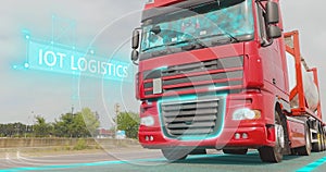 Commercial IOT transportation of liquid cargo. IOT logistics. Liquid IOT cargo is driving along the highway. Smart