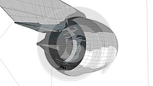 Commercial jetliner engine 3D wireframe.