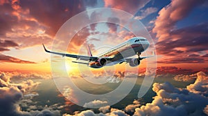 Commercial jetliner flying above dramatic clouds in beautiful sunset light travel concept