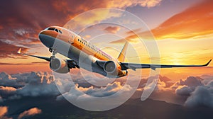 Commercial jetliner in stunning sunset sky with dramatic clouds, representing travel and adventure