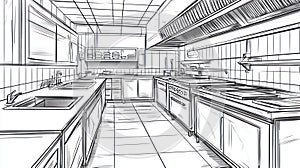 Commercial Kitchen Sketch, Restaurant Cooking Area Design, Professional Food Preparation Space