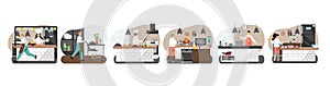 Commercial kitchen scene set. Chef, confectioner, waiter characters, vector illustration. Restaurant business, catering.