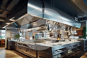 Commercial Kitchen Ventilation and Exhaust System: Hoods Above Cooking Stations and Ceiling Vents. AI