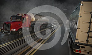 Commercial Land Vehicles Moving Along the Highway at Night