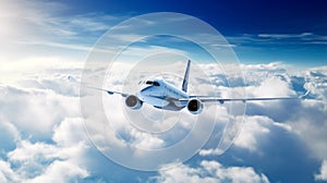 Commercial large passenger jet airplane flying through the clouds in the sky on a clear day. Travel background