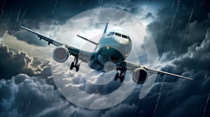 Commercial large passenger jet airplane flying through the storm in the sky. Travel background and wide aerial poster