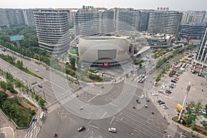 Commercial mall and crossroad aerial view in Chengdu, China