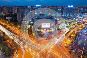 Commercial mall and crossroad aerial view in Chengdu, China