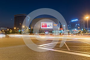 Commercial mall and crossroad at night in Chengdu, China