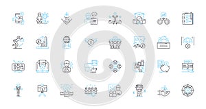 Commercial operations linear icons set. Strategy, Marketing, Sales, Logistics, Operations, Finance, Accounting line