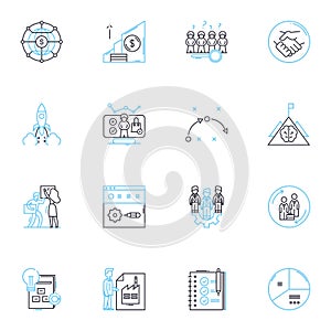 Commercial operations linear icons set. Strategy, Marketing, Sales, Logistics, Operations, Finance, Accounting line