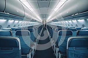 Commercial passenger aircraft interior with empty seats. Generative AI