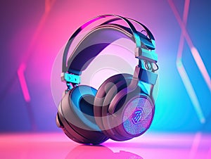 Commercial photography of cyberpunk headphones pastel neon background triadic color grading photo