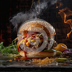 Commercial photoshoot of the greatest burger ever made, with a side of very hot salted french fries