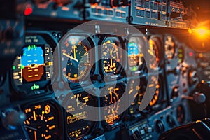 Commercial pilot navigating an aircraft with an array of illuminated cockpit instruments at sunset