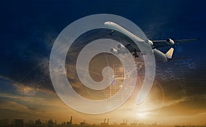 commercial plane flying over transport scene and freight logistic business network background