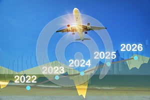 Commercial plane ready for landing or taking off with growth graph and year 2022 to 2026