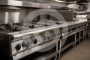 commercial range with multiple burners and griddles, ready for cooking