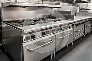 commercial range with multiple burners and griddles, ready for cooking