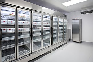 a commercial refrigeration unit, with shelves for storing food and beverages