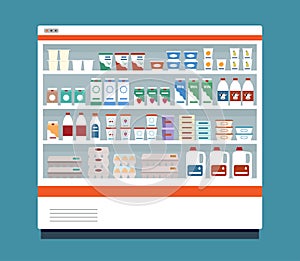 Commercial refrigerator full of dairy products. Isolated on blue background.