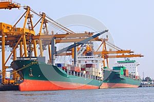 commercial ship with container on shipping port for import export and logistic transportation