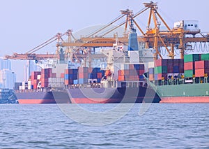 Commercial ship loading container in shipping port image use for