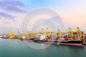 Commercial shipping port and Container ship in import export and business cargo logistic, International transportation ocean