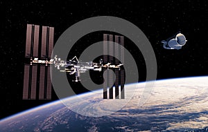 Commercial Spacecraft And International Space Station In Space
