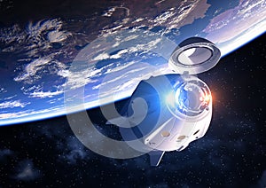 Commercial Spacecraft With Open Docking Hatch Orbiting Planet Earth