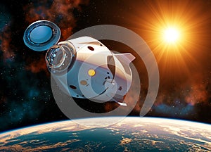 Commercial Spacecraft With Open Docking Hatch In The Rays Of Sun