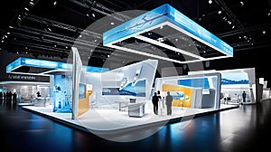 Commercial stand in an exhibition hall or a large professional salon ready to receive brands and advertisements