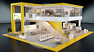 Commercial stand in an exhibition hall or a large professional salon ready to receive brands and advertisements