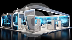 Commercial stand in an exhibition hall or a large professional salon ready to receive brands and advertisements