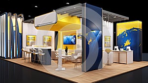 Commercial stand in an exhibition hall or a large professional salon ready to receive brands and advertisements