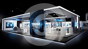 Commercial stand in an exhibition hall or a large professional salon ready to receive brands and advertisements