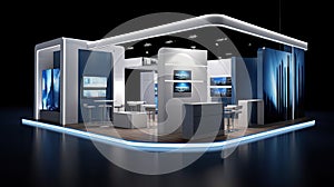 Commercial stand in an exhibition hall or a large professional salon ready to receive brands and advertisements